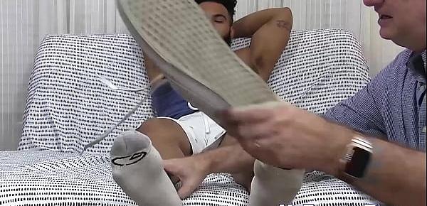  Black tattooed hunk Pablo has his feet licked by mature gay